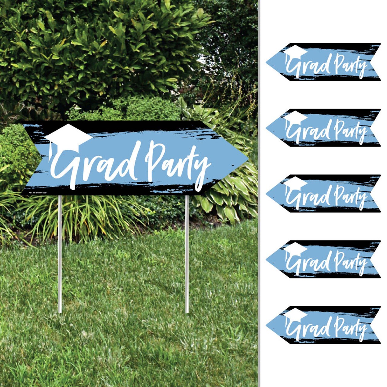 Big Dot of Happiness Arrow Light Blue Graduation Party Direction Signs - Double Sided Outdoor Yard Signs - Set of 6